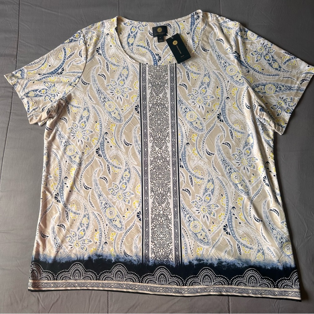 JM Collections Shirt StoneCombo Top Short Sleeve, Plus Size 2X Floral Print, New